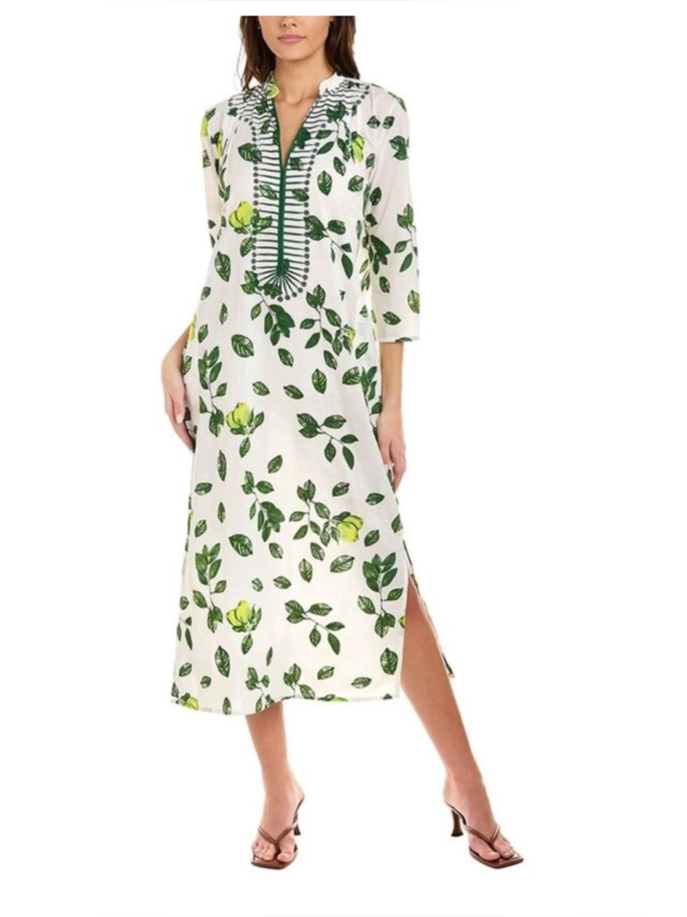 Ro’s Garden Clorinda Kaftan White Dress with Green Leaf & Lemon Print